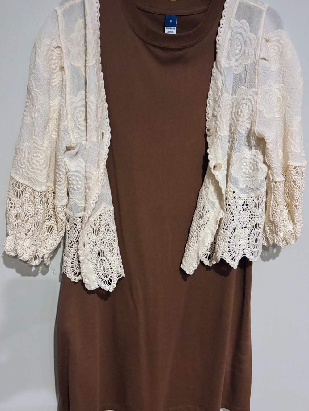Old Navy Brown Dress with Cream Lace Cardigan Overlay